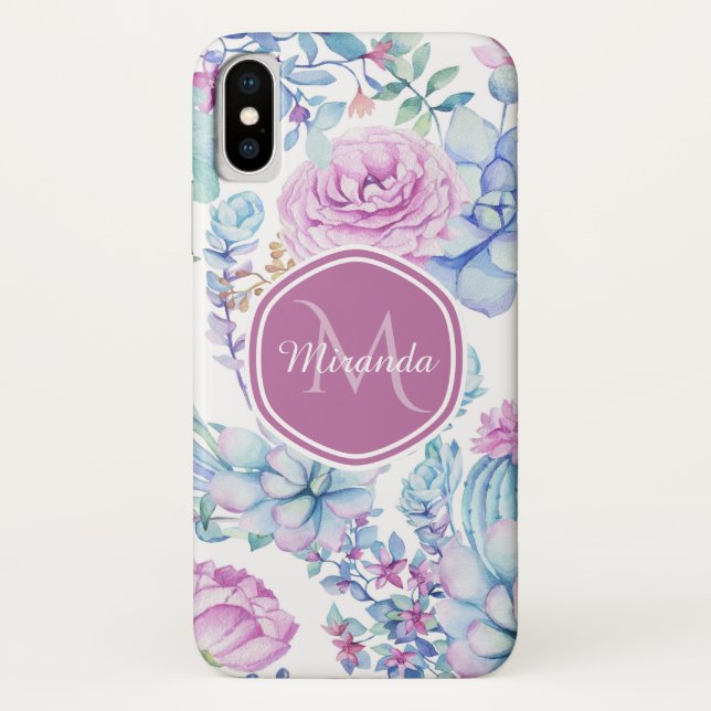 Capa Para iPhone, Case-Mate Roxo Elegante e Floral Suculente Azul com Nome (Verso)