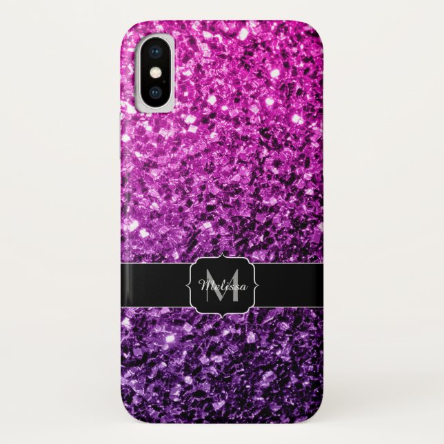 Capa Para iPhone, Case-Mate Roxo Pink Ombre faux glitks Monograma (Verso)