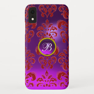 Capa Para iPhone XR Roxo vermelho do MONOGRAMA da GEMA do DAMASCO