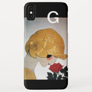 CAPA PARA iPhone XS MAX SENHORA COM ROSA VERMELHA ART DÉCO MONOGRAMA