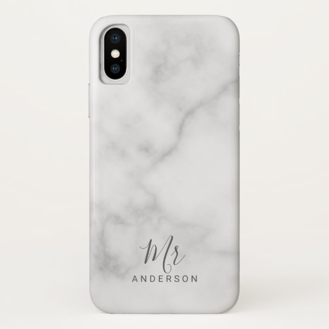 Capa Para iPhone, Case-Mate Sr. e Sra.| Elegante White Marble Modern Script (Verso)