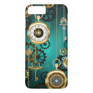 Capa iPhone 8 Plus/7 Plus Steampunk Jewelry Watch em um fundo verde