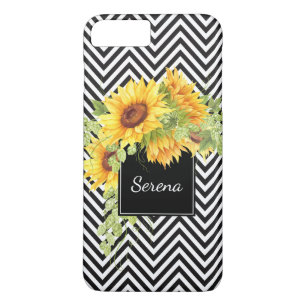 Capa iPhone 8 Plus/7 Plus Sunflower e Chevron Stripes Padrão com Nome