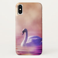 Swan Branco flutuando num lago névoo