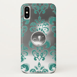 CAPA PARA iPhone X TEAL BLUE CINZA BRANCA DAMASK GEM MONOGRAM