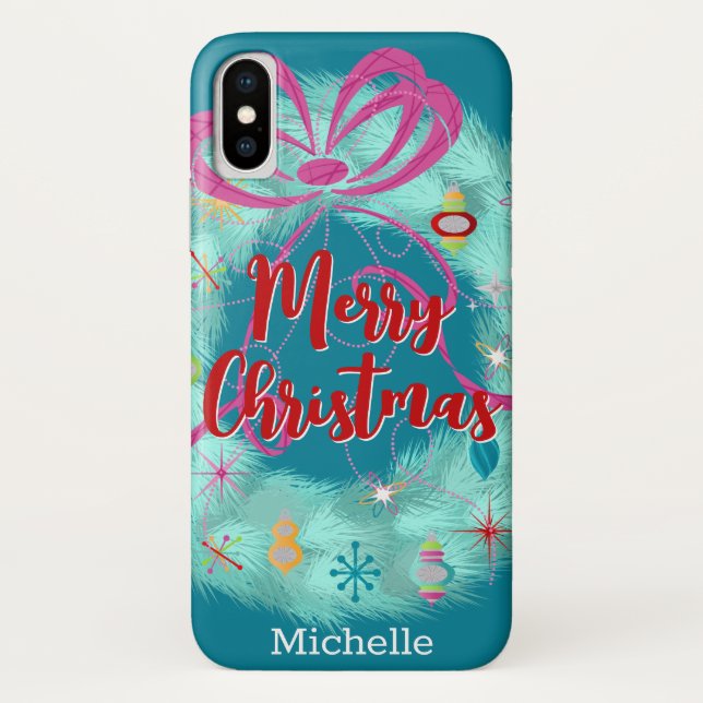 Capa Para iPhone, Case-Mate Teal Retro Christmas Wreath (Verso)