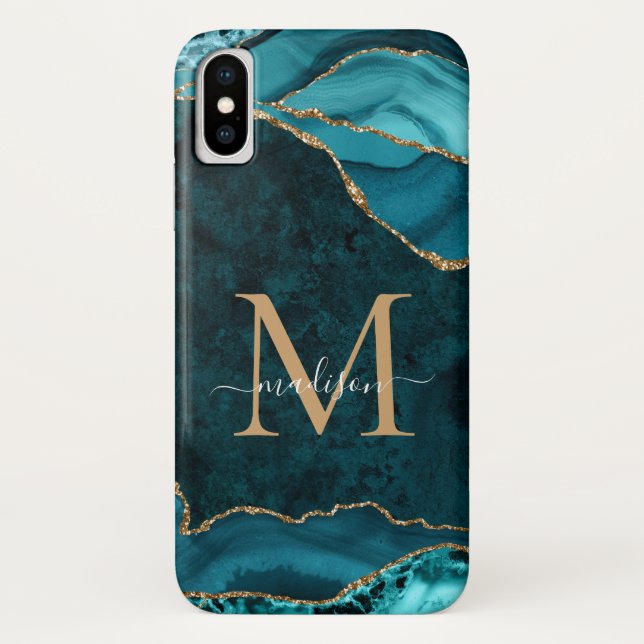 Capa Para iPhone, Case-Mate Teal Verde Dourado Glitter Agate Gemstone Monogram (Verso)
