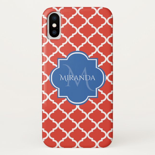 Capa Para iPhone, Case-Mate Tendência Vermelho Quatrefoil Azul Monograma e Nom (Verso)