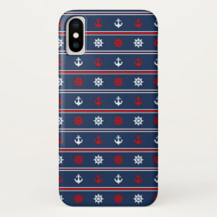 Capa Para iPhone X Teste padrão náutico branco e azul vermelho