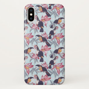 Capa Para iPhone X Toucanos com flores exóticas