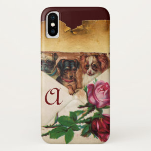 CAPA PARA iPhone X TRÊS CÃES COM MONOGRAMA DE ROSAS