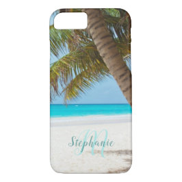 Capa iPhone 8/7 Tropical Sandy Beach Turquoise Monograma Palm Tree