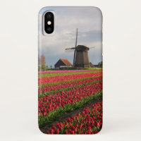 Tulipas vermelhas e um moinho de vento