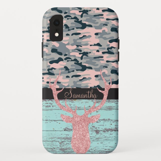 Capa Para iPhone, Case-Mate Turquesa Rústica Madeira Rosa Antler Camo (Verso)