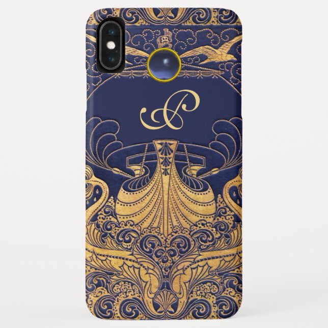 Capa Para iPhone, Case-Mate Vaso Antigo,Golfinhos,Ouro,Monograma Azul Marinho (Verso)