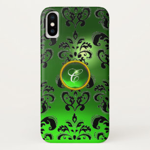 CAPA PARA iPhone X  VERDE NEGRA DAMASK EMERALD GEM MONOGRAMA