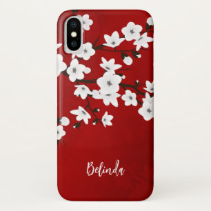 Capa Para iPhone X Vermelho Monograma do Floral White Cherry Blossom