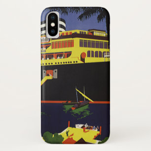 Capa Para iPhone X Viagem Vintage, Navio de Cruzeiro Art Déco no Port