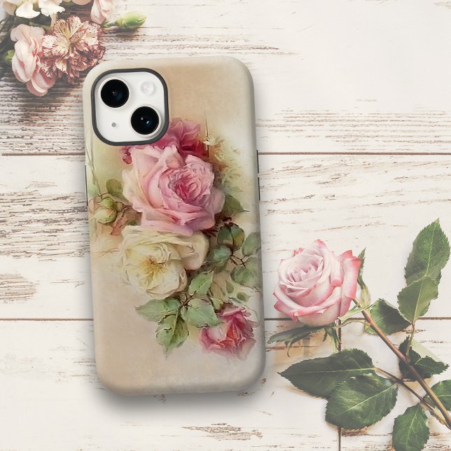 Capa Para iPhone, Case-Mate Vintage, Mão Pintada, Rosas Brancas e Rosa (Criador carregado)