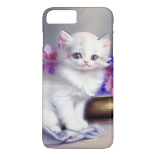 Capa iPhone 8 Plus/7 Plus Vintage White Kitten com Flores Rosa e Púrpura