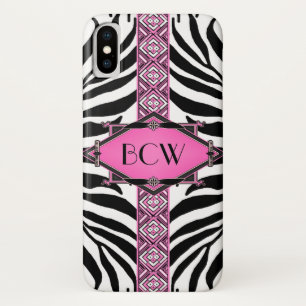 Capa Para iPhone X Vintage Zebra Art Deco Pink Diamond Monograma