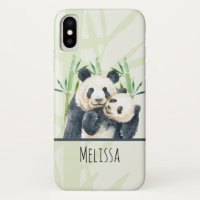 Watercolor Panda Bears Mãe e Bebê em Bambu