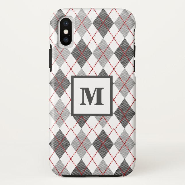 Capa Para iPhone, Case-Mate Xadrez Argyle Vermelho Cinza Prata Monograma Perso (Verso)