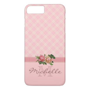 Capa Para iPhone Da Case-Mate Xadrez elegante do rosa do vintage & nome floral
