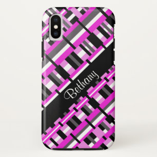 Capa Para iPhone X Xadrez em rosa, preto e Cinza Personalizar nome