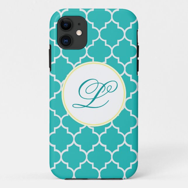 Capa Para iPhone Da Case-Mate Amarelo e monograma Quatrefoil do Aqua (Verso)