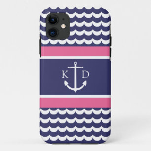 Capa Para iPhone Da Case-Mate Âncora com ondas e marinho & rosa do monograma