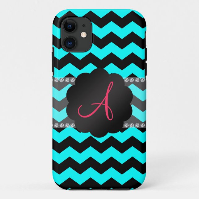 Capa Para iPhone Da Case-Mate aqua brilhante monograma e chevrons pretos (Verso)