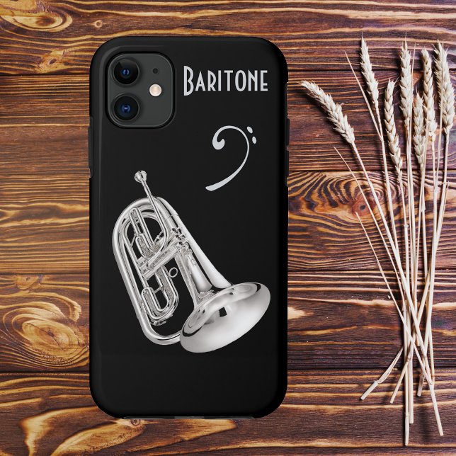 Capa Para iPhone Da Case-Mate Baritone Horn em Prata (Baritone Horn in Silver with Custom Text Line Phone Case)