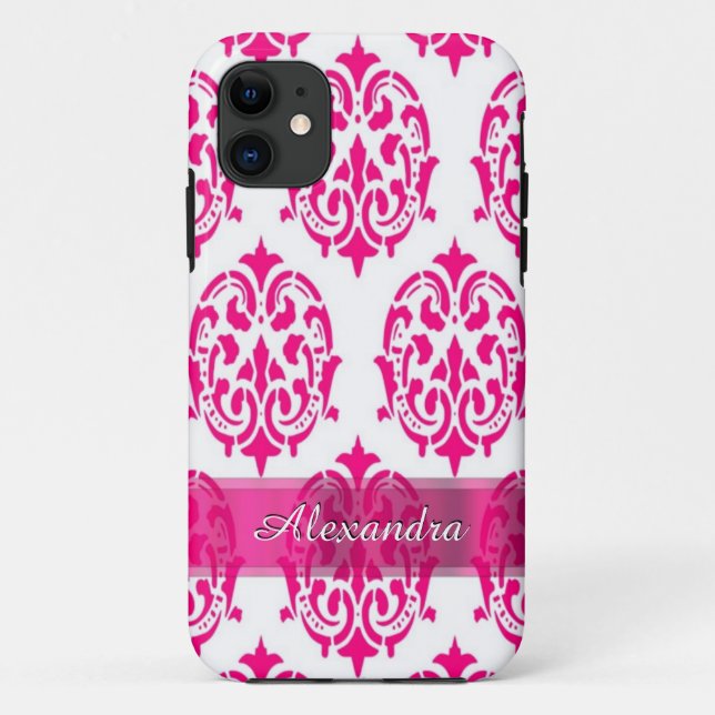 Capa Para iPhone Da Case-Mate Bonito rosa quente e damasco branco personalizado (Verso)