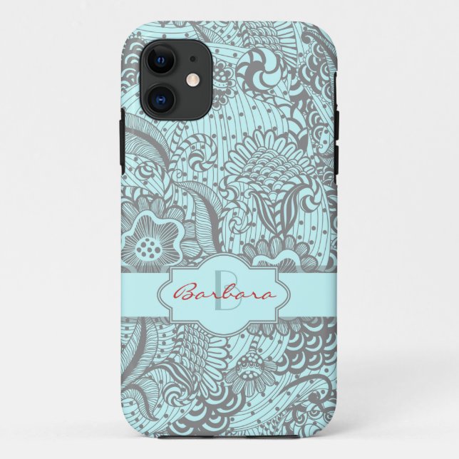 Capa Para iPhone Da Case-Mate Cinza E Monograma Floral Abstrato Azul Claro (Verso)