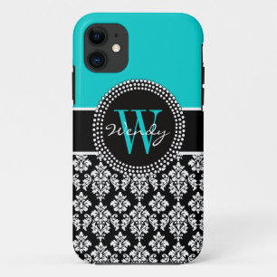 Capa Para iPhone Da Case-Mate Cor damasco inicial personalizada do preto do Aqua