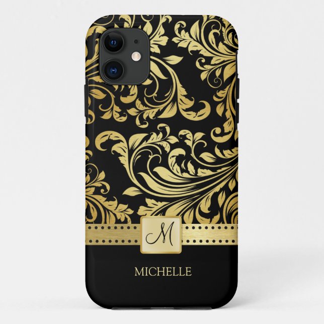 Capa Para iPhone Da Case-Mate Dourado e preto elegante com monograma (Verso)