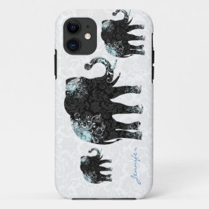 Capa Para iPhone Da Case-Mate Elefantes e Damascos Florais Pretos Branco e Azul