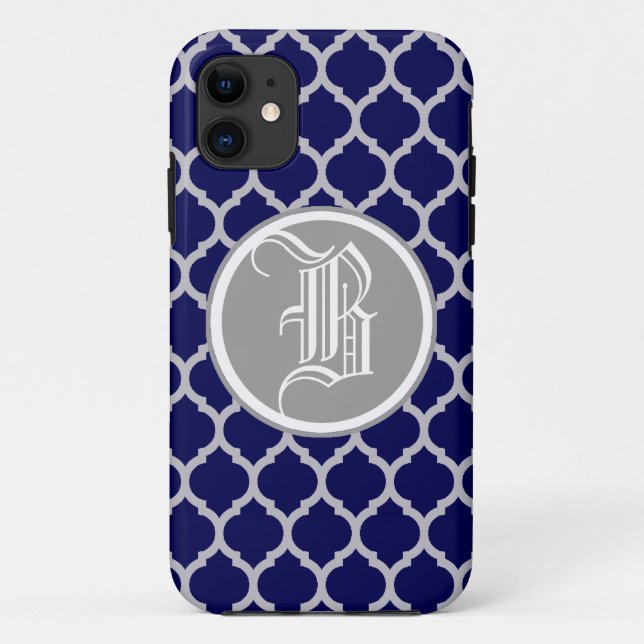 Capa Para iPhone Da Case-Mate Elegante prateado e monograma de quatrefoil azul p (Verso)