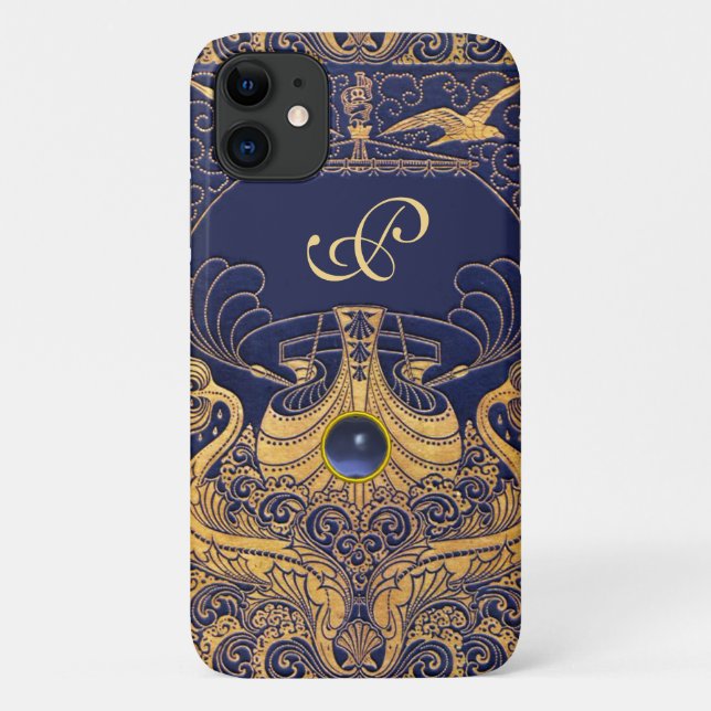Capa Para iPhone Da Case-Mate Embarcação Antica,Golfinhos,Dourado,Monograma Azul (Verso)