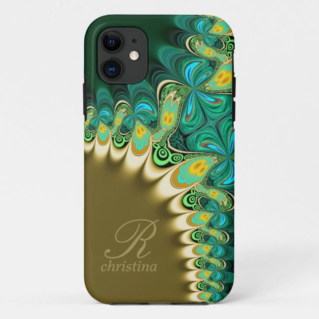 Capa Para iPhone Da Case-Mate Fractais de Lace Verde e Dourado Monograma iPhone  (Verso)
