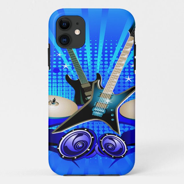 Capa Para iPhone Da Case-Mate Guitarra elétricas, cilindros & auto-falante azuis (Verso)