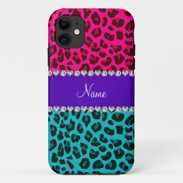 Capa Para iPhone Da Case-Mate Leopardo rosa quente turquesa com nome personaliza (Verso)