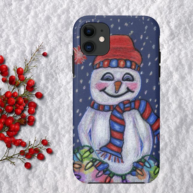 Capa Para iPhone Da Case-Mate Luzes de Natal Boneco de Neve Sorridente (Happy snowman holding bright Christmas lights red hat snow on dark blue phone case.)