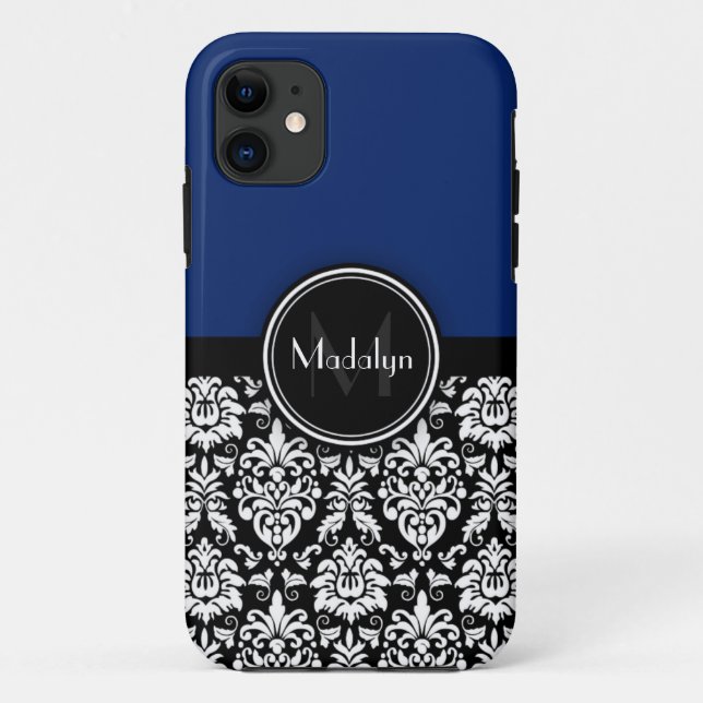 Capa Para iPhone Da Case-Mate Marinho Preto Branco Damasco - Letra Monograma (Verso)