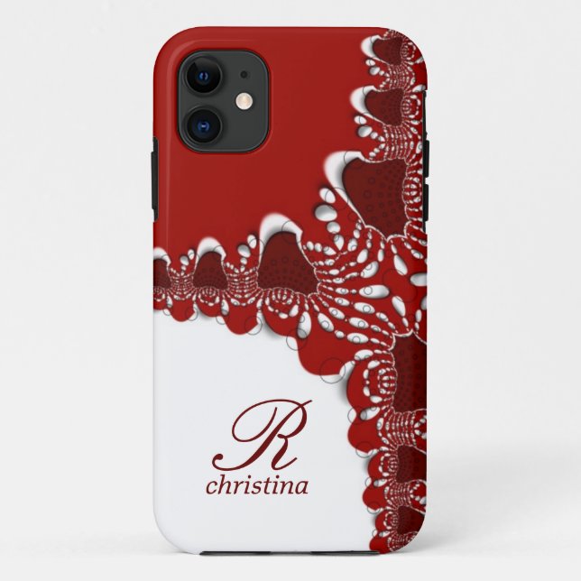 Capa Para iPhone Da Case-Mate Monograma de Fractals de rendas brancas vermelhas  (Verso)