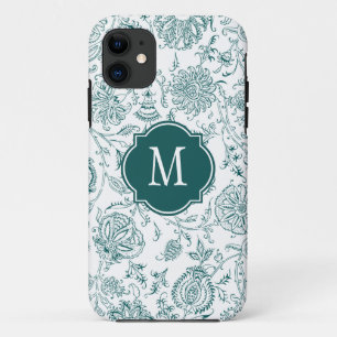 Capa Para iPhone Da Case-Mate Monograma do Padrão de Flor Branco e Teal