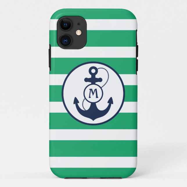 Capa Para iPhone Da Case-Mate Monograma náutico verde da âncora (Verso)