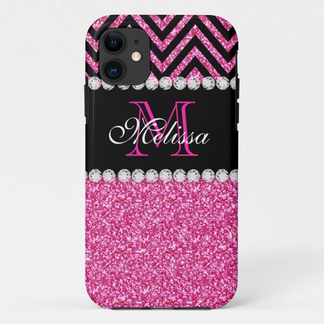 Capa Para iPhone Da Case-Mate Monograma preto brilhante cor-de-rosa (Verso)