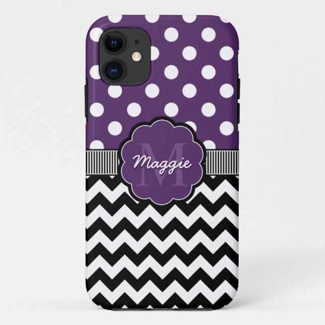 Capa Para iPhone Da Case-Mate Monograma preto de Bolinhas roxas (Verso)